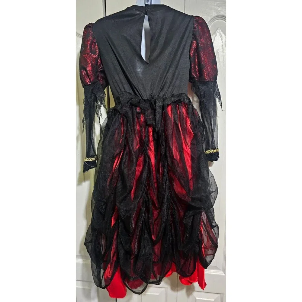 Gothic Vampire Bride Costume Girls 8-10 Red Spider Dress Veil Cape Halloween - Picture 6 of 8